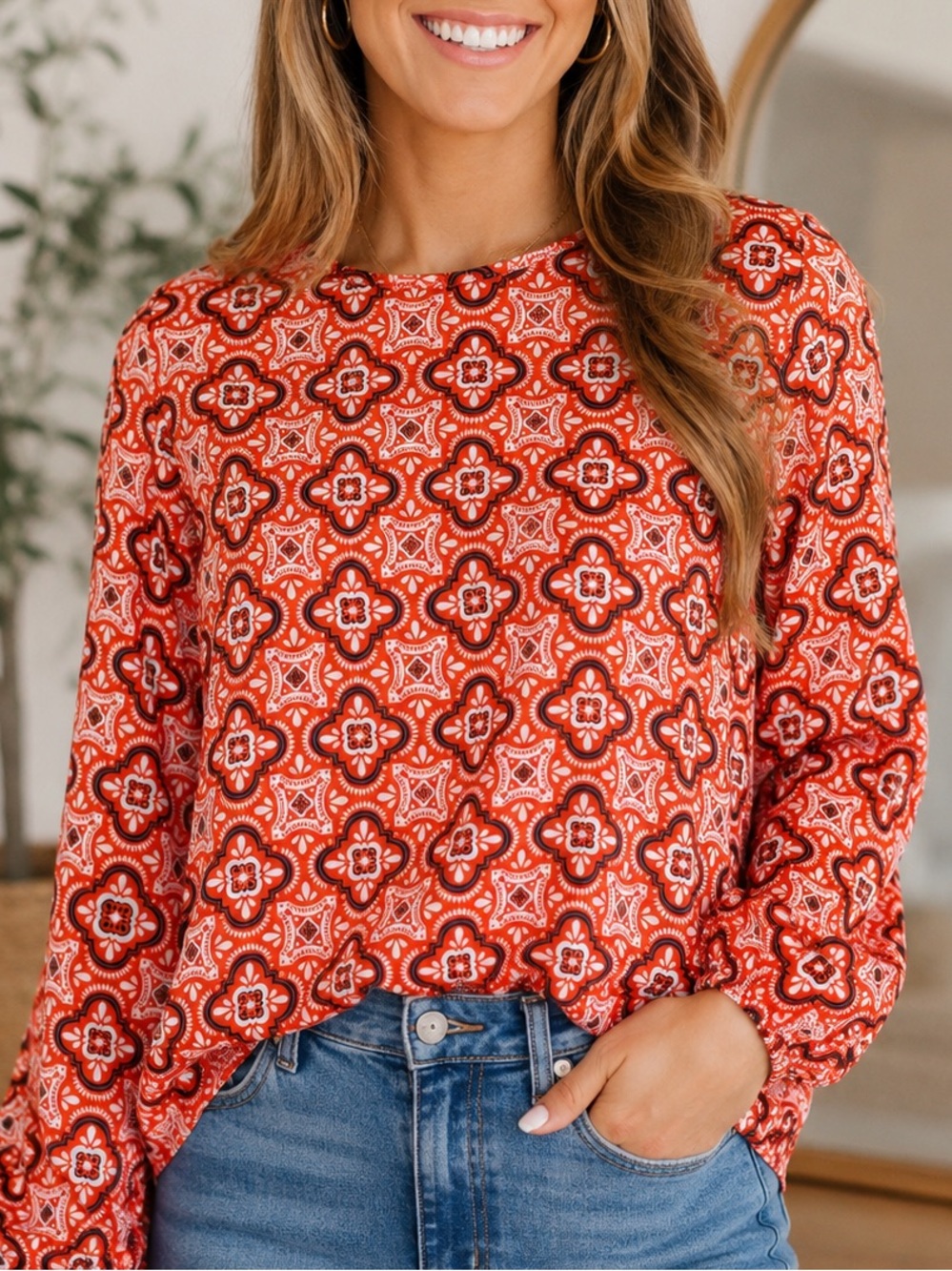 All For Color Mandie Bow Back Blouse Orange Navy Tile Print XS NWT